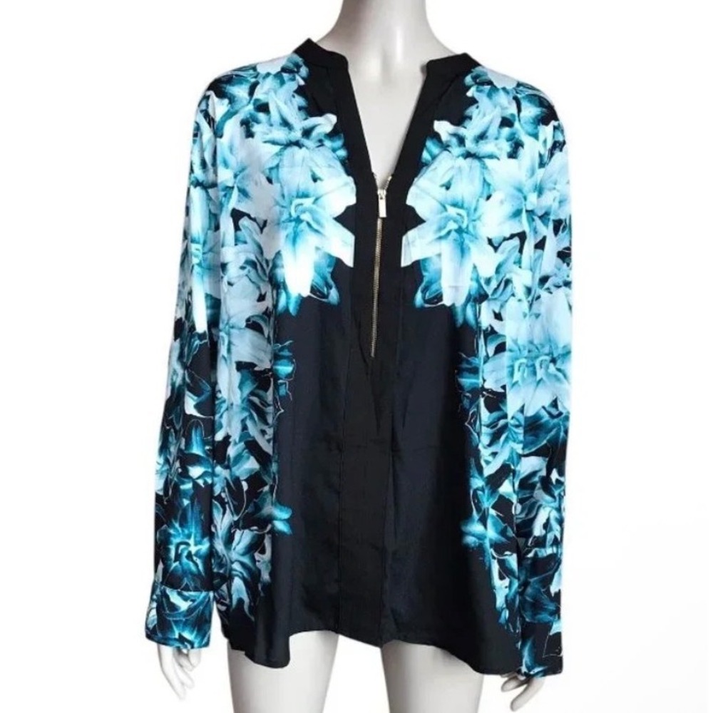 (CL) Calvin Klein Womens 1X Floral Zip V-Neck Blouse Black Teal Blue Top